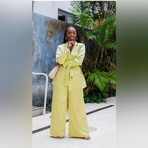 The Drop Women's Pale Green Wide Leg Satin Pants